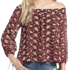 Astr Burgundy Off the Shoulder Leaf Print Blouse